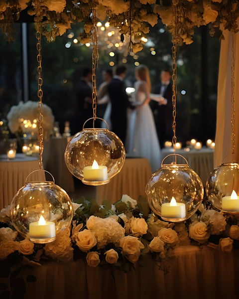 24 Pack Flameless LED Tea Lights Battery Operated With Realistic Flicker hanging in glass orbs at a wedding reception