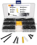 Open box showing Wood Screws Kit 300 Pcs Six Sizes Flat Head Phillips Drive Self Tapping Coarse Thread Screws For Woodworking with M6 anchors.