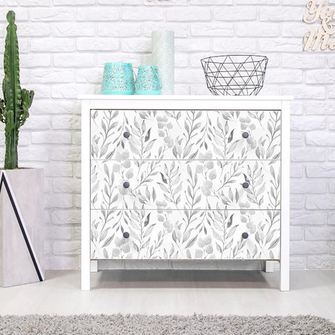 Chest of drawers with Gray Leaf Peel and Stick Wallpaper Dope Look Floral Self Adhesive Watercolor Leaves for Cabinets and Walls