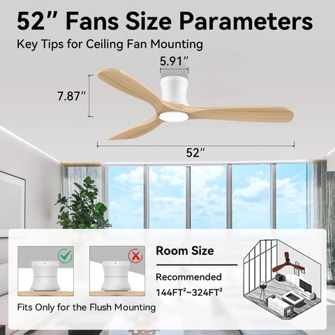 Diagram of 52 Inch Wood Flush Mount Ceiling Fan With Lights And Remote showing dimensions and recommended room size.