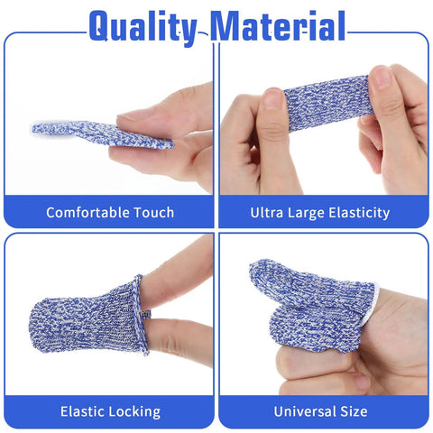 24 Pack Finger Cut Resistant Protector Gloves Plus Finger Cots Set showing comfortable touch, large elasticity, elastic locking, universal size