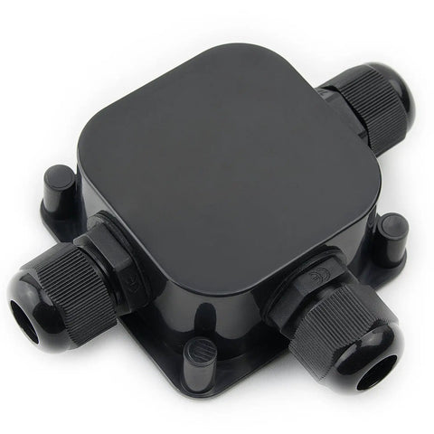 Close-up of Outdoor IP66 Waterproof Junction Box Kit of 4 with 3-Way Cable Connectors in black for LED lighting and outdoor use.