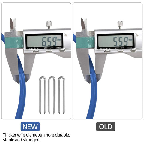 Comparison of wire diameters for Portable Disc Golf Basket Target With 12 Chains, showing thicker, stronger new wire at 6.59mm.