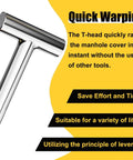 Heavy Duty Manhole Hook Lifter Tool For No Sweat Drain Lid Raising And Tough As Nails Trampoline Spring Retrieval Featuring Premium Stainless Steel Design, T-head for quick lifting.