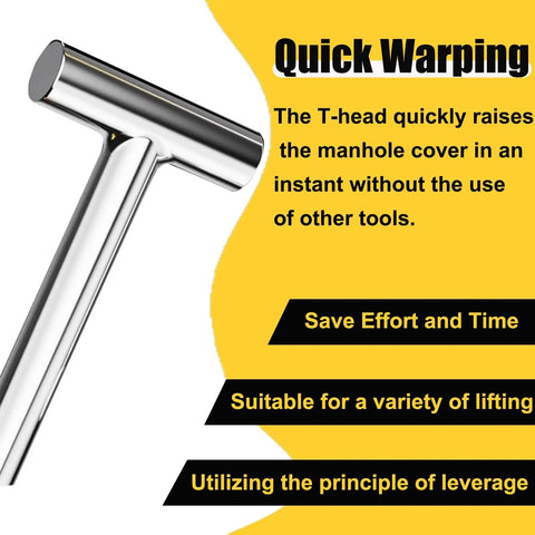 Heavy Duty Manhole Hook Lifter Tool For No Sweat Drain Lid Raising And Tough As Nails Trampoline Spring Retrieval Featuring Premium Stainless Steel Design, T-head for quick lifting.