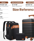 UKEIN 3-piece luggage set: black PC hardside 20-inch carry-on with spinner wheels, travel backpack, and small pouch.