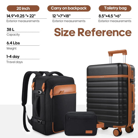 UKEIN 3-piece luggage set: black PC hardside 20-inch carry-on with spinner wheels, travel backpack, and small pouch.