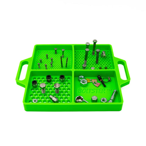 Green Flexible Organizing Tray For Bolts, Screws And Small Fasteners, non-slip silicone tool tray with compartments on workbench