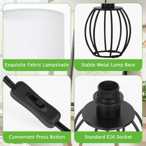 Two Modern Table Lamps For Bedroom Nightstand Dorm Or Office With White Fabric Shade And Black Metal Base close-ups of features