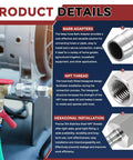 Product details showing pack of two stainless steel hose barb fittings three quarter inch hose barb to one half inch NPT female fittings.