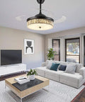 Crystal Ceiling Fan Lights With Remote Retractable Blades 42-Inch Black Chandelier Ceiling Fan in modern living room