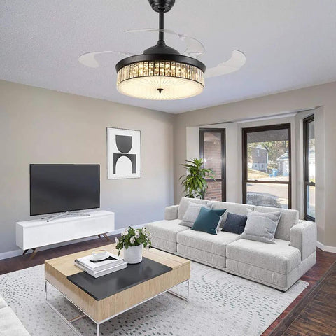 Crystal Ceiling Fan Lights With Remote Retractable Blades 42-Inch Black Chandelier Ceiling Fan in modern living room