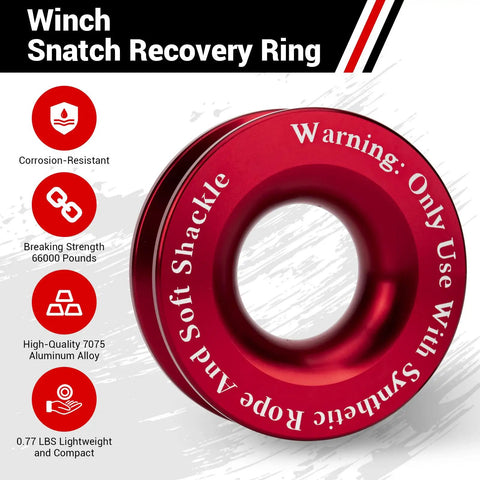 2 Piece Winch Snatch Block Pulley Recovery Ring Kit With Soft Shackle For Rope Pulley Built For ATV UTV SUV Truck Off Road Heavy Duty 66,000 LBS Beefed Up Winch Accessories In Red, 7075 aluminum alloy recovery ring