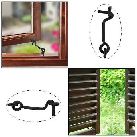 Built Tough 5 Piece Set Of 2 Inch Black Cabin Hook And Eye Latches Heavy Duty Carbon Steel Door Hardware With Mounting Screws For Wood Doors Windows Sheds No Sweat Setup shown on window.