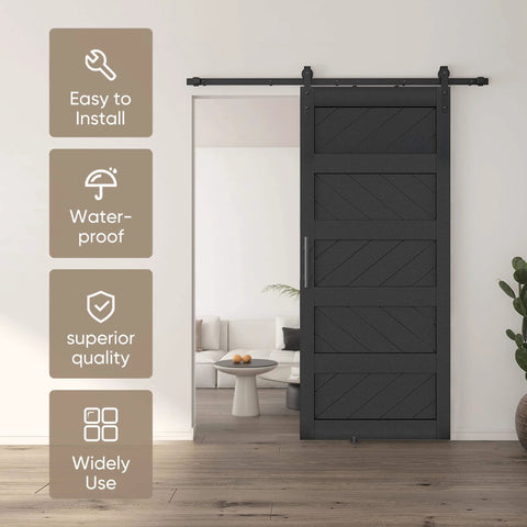 36 By 84 Inches Wave Shape Sliding Barn Door Kit With Hardware Included, Solid Wood Core With MDF And PVC Covered Surface, Black Finish, Installed View