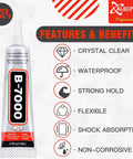 Tube of B-7000 glue with features and benefits listed: crystal clear, waterproof, strong hold, flexible, shock absorption, non-corrosive.
