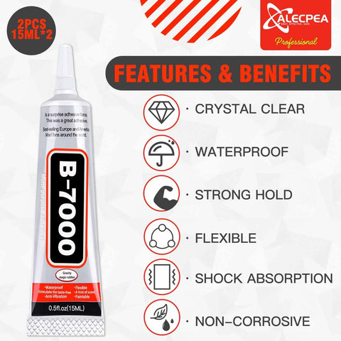 Tube of B-7000 glue with features and benefits listed: crystal clear, waterproof, strong hold, flexible, shock absorption, non-corrosive.
