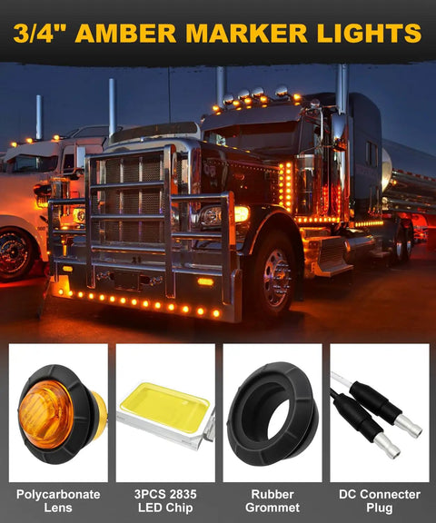 Amber 20 Pack Three Quarter Inch LED Marker Lights With Connector Plug And Double Female Two Prong Harness Roll Plug And Play Clearance Lights For Trucks Trailers RVs Pickup And Semi Trucks Ultra Bright on metallic truck