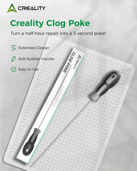 Clog Poke Nozzle Cleaning Kit For 1.75mm FDM 3D Printers on packaging with rubber handle and steel rod.