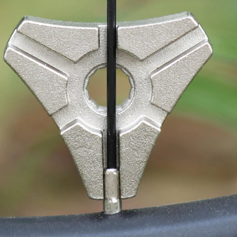 Close-up of 2 Pack Bike Spoke Wrench Tool set with 6 slot triangular ergonomic design adjusting bicycle wheel spoke