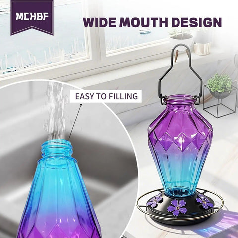 Outdoor Hummingbird Nectar Feeder 25 Oz with Perch and 5 Flower Ports, Easy Fill Design, Diamond Purple Finish