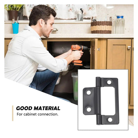Concealed Rotating Door Hinges 12 Piece Set Black Mini Hinges for cabinet installation, man using drill for fitting hinge