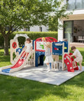 Children playing on 12 In 1 Outdoor Toddler Playset With Slide Swing Basketball Hoop Climbing Wall Tunnel And Hideout Kid Friendly For Backyard Or Indoor Use Designed For Toddlers Aged 2 To 6 To Boost Motor Skills Confidence And Safe Durable Fun