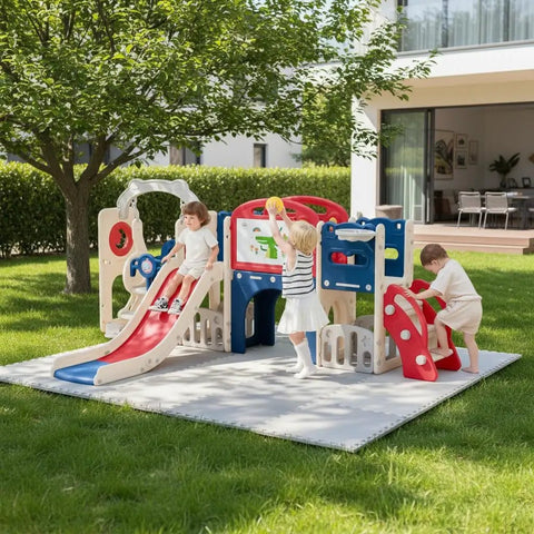 Children playing on 12 In 1 Outdoor Toddler Playset With Slide Swing Basketball Hoop Climbing Wall Tunnel And Hideout Kid Friendly For Backyard Or Indoor Use Designed For Toddlers Aged 2 To 6 To Boost Motor Skills Confidence And Safe Durable Fun