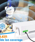 Ionizing Air Blower For Static Elimination, ESD Ionizer Fan in use over electronics with ion coverage display, 110V.