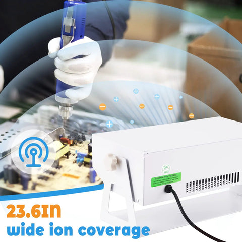 Ionizing Air Blower For Static Elimination, ESD Ionizer Fan in use over electronics with ion coverage display, 110V.