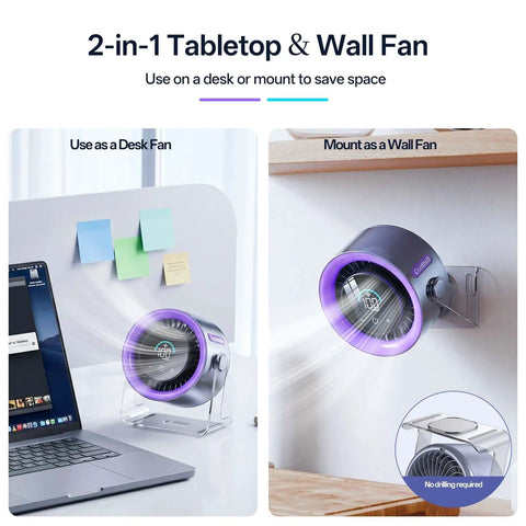 USB Desk Fan For Bedroom And Office With 100 Speed Digital Display, ultra quiet portable fan mounted on wall and desk view
