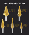 6 Piece Step Drill Bit Set With Automatic Center Punch High Speed Steel Drill Bits With 50 Size Range for metal and PVC