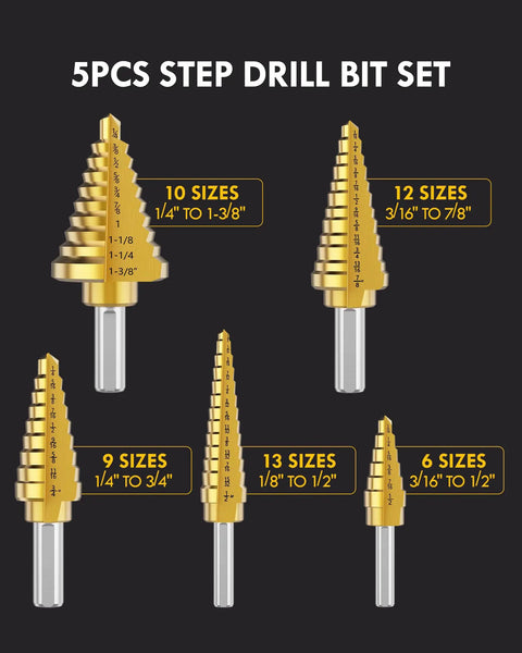 6 Piece Step Drill Bit Set With Automatic Center Punch High Speed Steel Drill Bits With 50 Size Range for metal and PVC