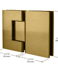 Satin Brass Geneva 180 Series Glass To Glass Standard Hinge With Self Centering Reversible 5 Degree Pivot Pin 180 Degree Opening Go To Choice In Finishes, shown with dimensions.