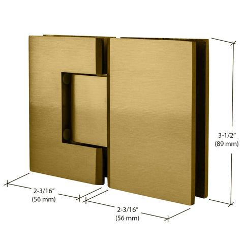 Satin Brass Geneva 180 Series Glass To Glass Standard Hinge With Self Centering Reversible 5 Degree Pivot Pin 180 Degree Opening Go To Choice In Finishes, shown with dimensions.