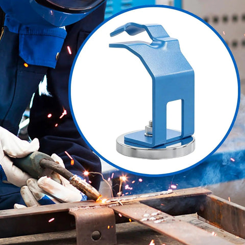 Heavy Duty Welding Holder Stand With Powerful Magnetic Base For Secure MIG Torch Support, blue steel design for metalworking.
