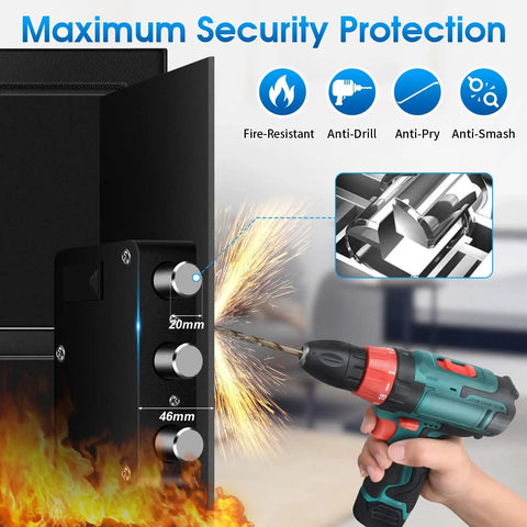 Image of 2.5 Cu Ft Fireproof Safe Box For Home Documents With Type C External Power And Electronic Keypad Steel Security Safe, showing fire resistance and drilling protection features.