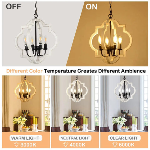 Farmhouse 4 Light Rustic Wood Chandelier Pendant Light for Dining Room Foyer and Kitchen showing color temperature options