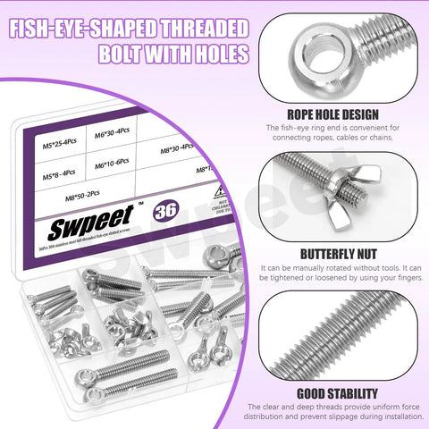 12Pcs M8 X 30mm 304 Stainless Steel Eye Bolts And Wing Nuts Kit in packaging overview with product features displayed