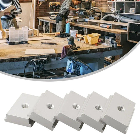 Beefy Five Piece Aluminum Alloy T Track Nuts M6 M8 Set For T Slot Woodworking with workshop background