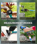 Water Flow Meter With Brass Inlet And Outlet for accurate gallon and liter tracking, showing measurement modes in outdoor use.