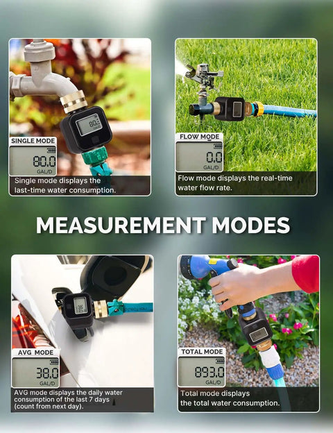 Water Flow Meter With Brass Inlet And Outlet for accurate gallon and liter tracking, showing measurement modes in outdoor use.