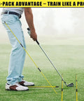Golfer using 4 Pack Golf Alignment Sticks 40 Inch Collapsible Swing Path Trainers on grass for practice and feedback