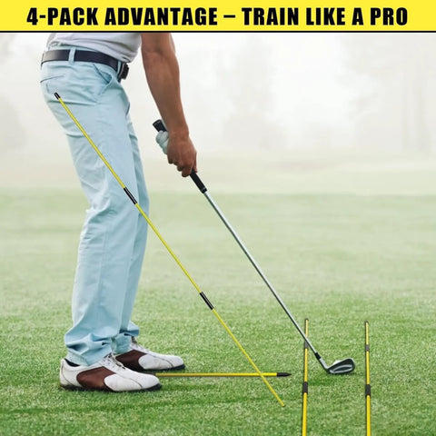 Golfer using 4 Pack Golf Alignment Sticks 40 Inch Collapsible Swing Path Trainers on grass for practice and feedback