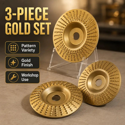 Three Piece Angle Grinder Polishing Pad Kit For Wood Sanding And Finishing with gold finish and patterned discs displayed