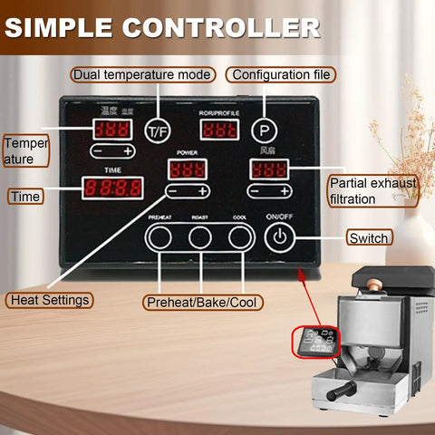 Control panel for 200G home coffee roaster with dual temperature mode and settings for preheat, roast, and cool.
