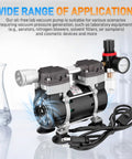 Front view of a 50L/min oil-free lab vacuum pump with dual heads, pressure gauge, regulator, silencer, on black feet
