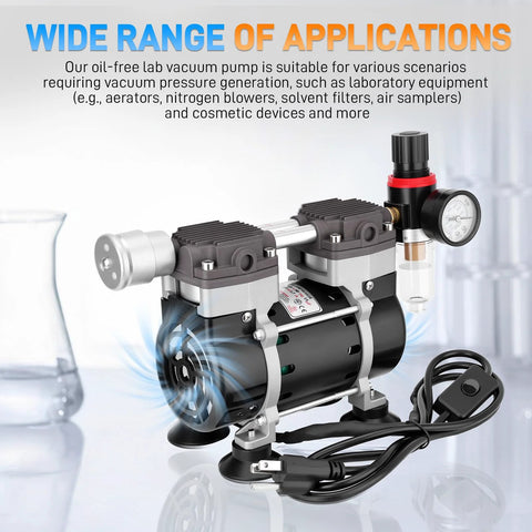 Front view of a 50L/min oil-free lab vacuum pump with dual heads, pressure gauge, regulator, silencer, on black feet