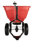 Front view of Tow Behind 150Lb Broadcast Spreader For Fertilizer And Seed With Easy Flow Control Adjustable Settings Non Skid Tires