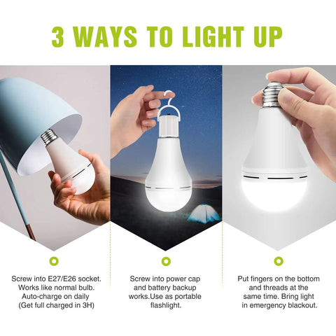 Rechargeable Battery Powered Emergency Light Bulbs 15W 80W Equivalent 6000K Cool White 1500mAh with 3 usage methods